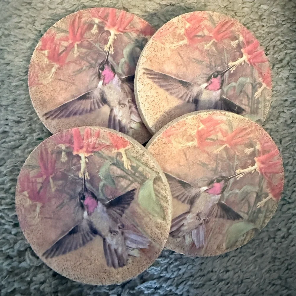 Thirstystone Hummingbird Stone Coaster Set with Pink and Brown Accents- Set of 4